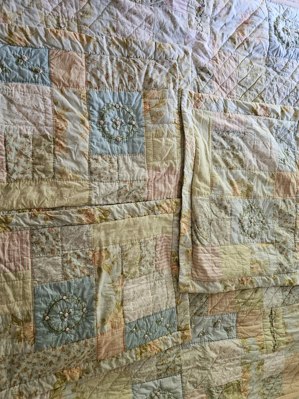 Patchwork Pastel Quilt Set With 3 Shams in Soft Blue, Cream & Pink